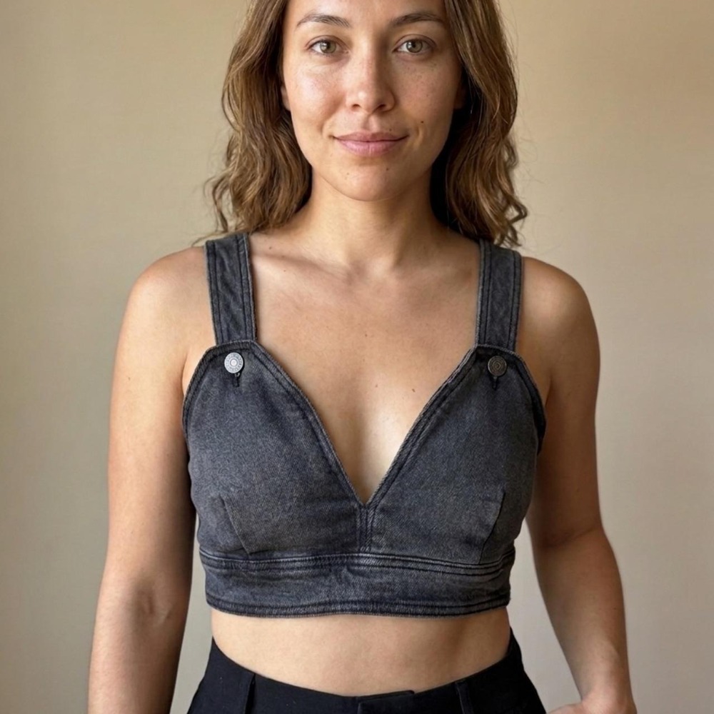 Wild Fable Washed Black Denim V-Neck Bralette Crop Top Side Zip – XS